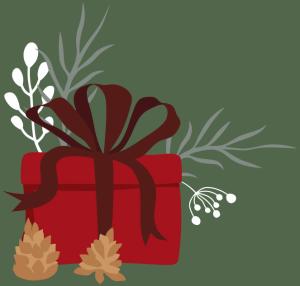 Illustratie van een rode geschenkdoos met een donker lint, omgeven door witte bessen, dennentakken en dennenappels op een groene achtergrond.