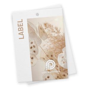 Een wit etiket met een minimalistisch ontwerp met doorschijnende, abstracte plantvormen en kleine stippen. De tekst LABEL staat verticaal links uitgelijnd en onlineprinters met een rond logo staat onderaan.