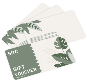 Een set cadeaubonnen, elk met een groen bladmotief. Op de bovenste bon staat € 50 en CADEAUBON in witte tekst. De rest heeft een vergelijkbaar bladmotief zonder zichtbare tekst. Het ontwerp is minimalistisch en elegant.