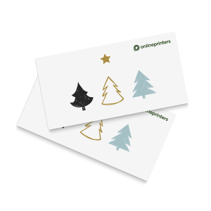Twee witte kaarten, elk met drie gestileerde bomen in zwart, goud en blauw, samen met een gouden ster. Rechtsboven op beide kaarten staat een logo.