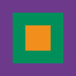 Een geometrisch ontwerp met een oranje vierkant in het midden, omgeven door een groen vierkant, tegen een paarse achtergrond.