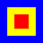 Een gedurfde, geometrische afbeelding met drie concentrische vierkanten. Het buitenste vierkant is blauw, het middelste vierkant is geel en het binnenste vierkant is rood. De kleur van elk vierkant contrasteert scherp met de volgende.