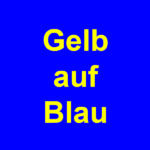De afbeelding toont de Duitse tekst Gelb auf Blau in gele letters op een effen blauwe achtergrond.