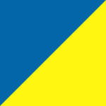 Een rechthoek die diagonaal is verdeeld in twee driehoeken: de driehoek linksboven is blauw, en de driehoek rechtsonder is geel.