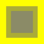 Een vierkante afbeelding met een donker olijfgroen vierkant in het midden. Het wordt omlijst door een iets lichter olijfgroen kader. De achtergrond is heldergeel. De kleuren creëren een gelaagde, geometrische uitstraling.